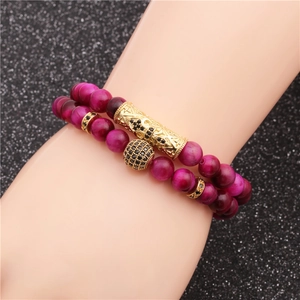 Tiger Eye Beaded Bracelet Copper Curved Tube Micro Pave Zircon Ball Handmade Fashion Jewelry For Men Women