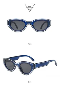 Blue cat eye sunglasses with white outline detail shown from front and side angles
