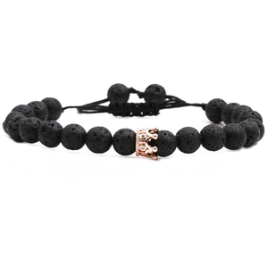 Lavastein-Perlenarmband mit einer roségoldenen Krone und verstellbarer Kordel