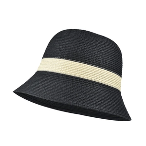 Detailed macro shot of the woven texture and cream band on a black straw bucket hat.