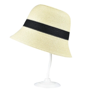 Women straw bucket hat with black band, breathable sun protection fisherman cap in beige