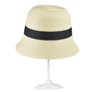 Detail of woven texture on wide-brim straw bucket hat with black contrast ribbon strap