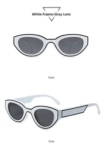 Cat eye sunglasses detail with white frame and black edges in front and side views