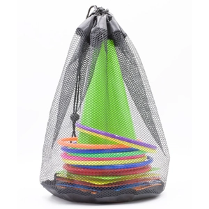 Kids ring toss set with green cone and colorful plastic hoops in a black mesh carry bag