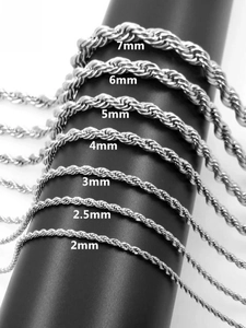 Detailed size comparison of stainless steel twist chain necklaces from 2mm to 7mm