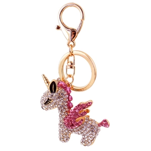Sparkling crystal unicorn keychain with pink and white rhinestones on golden metal base