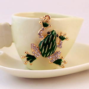Cute green enamel crystal frog keychain with gold finish and rhinestone accents