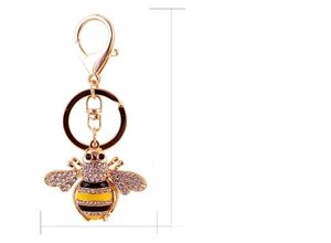 Detailed size specifications for the crystal bee keychain showing dimensions and lobster clasp