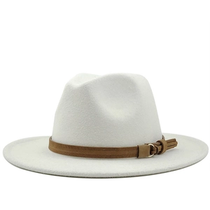 Side view of a white wide-brimmed Fedora hat with a brown belt strap detail.