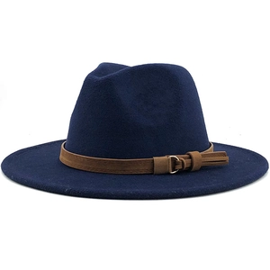 Close-up of navy wool fedora with brown suede belt and gold buckle detail