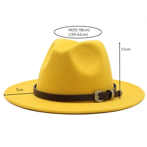 Detail view of yellow wool fedora hat showing 7cm brim width and 11cm height dimensions