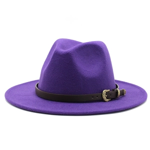 Purple wool fedora with wide brim and dark brown leather band featuring a vintage gold buckle