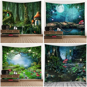 Collage of four forest and fantasy themed tapestries for dormitory wall decoration