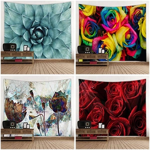 Collage of decorative floral tapestries featuring succulent and rose patterns for room decor
