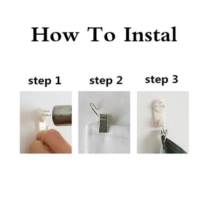 Three-step installation guide showing how to use wall hooks and metal clips for tapestries