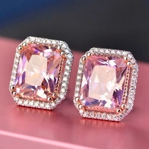 Emerald Cut Pink Zircon Stud Earrings Copper Rose Gold Plated Halo Design Retro Elegant Fashion Jewelry Women