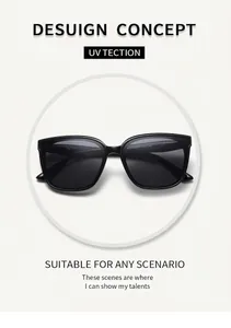 Detail view of black square oversized sunglasses featuring UV protection dark lenses