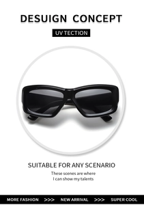 Macro detail of glossy black rectangular sunglasses frame with UV protection lenses