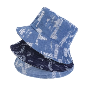 Reversible Distressed Denim Bucket Hat Cotton Ripped Frayed Wide Brim Sun Protection Vintage Streetwear Unisex