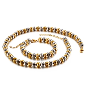 Fashionable two-tone beaded stainless steel necklace and bracelet jewelry set for women