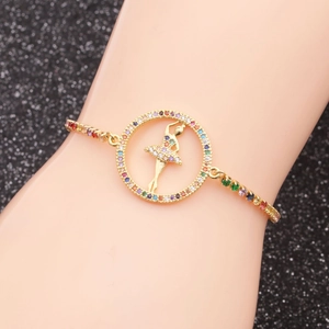Adjustable gold bracelet with micro-paved ballerina charm and multicolored zircons