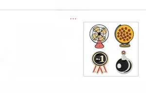 Detailed view of enamel pins featuring fan, globe, and bomb designs in zinc alloy
