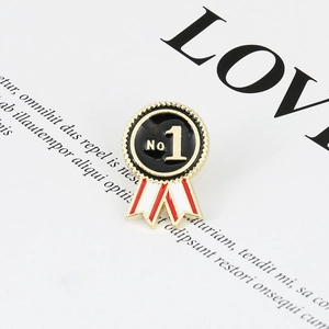 Professional No 1 medal-style enamel brooch pin with red and white striped ribbon