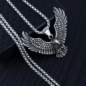 Punk style stainless steel eagle pendant necklace with detailed feathers on a black gift box