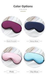 Detail view of four satin silk eye masks in purple, blue, pink, and sky blue with black trim