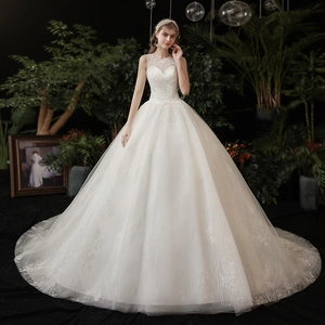Luxury White Lace Wedding Dress Illusion Neckline Sleeveless Ball Gown With Long Train Floral Sequin Bridal Gown