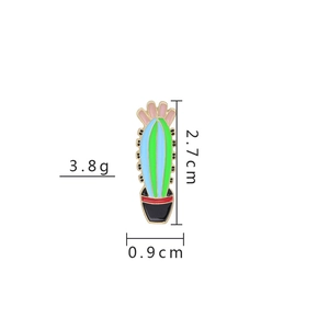Detailed enamel pin showing a potted cactus design with dimensions 2.7cm and 3.8g weight