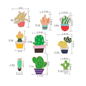 Nine diverse green cactus and succulent enamel pins with sizes and weight dimensions