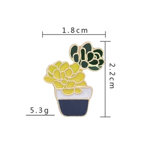 Detailed view of enamel succulent plant pin with dimensions 1.8cm by 2.2cm and weight 5.3g