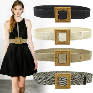Women Woven Cotton Linen Stretchy Belt Wide Straw Style Waist Cincher Square Buckle Bohemian Vacation Dress Accessory