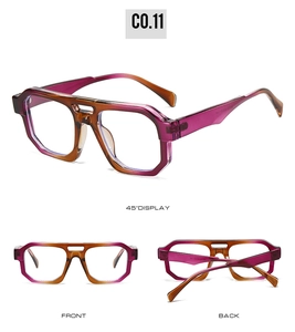 Detail view of irregular gradient purple and amber brown sunglasses frame with silver bridge