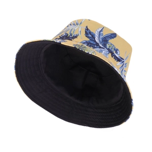 Tropical ginger fisherman hat with blue palm leaf print and reversible black cotton lining
