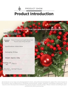 Close-up of 50cm Christmas wreath with green foliage and nine glossy red decorative balls