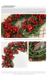 Detailed macro view of artificial green leaves, red berries, and red balls on a Christmas wreath
