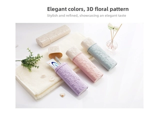 Close-up of portable toothbrush cases with 3D floral carvings in elegant pastel colors