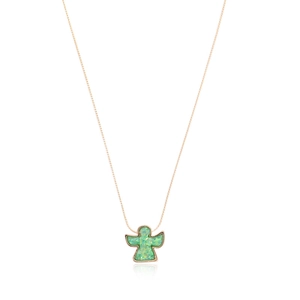 Rose gold dove pendant necklace with shimmering green opal inlay on white background