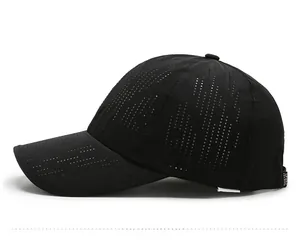 Detail view of laser-cut perforations on breathable black quick-dry sports baseball cap