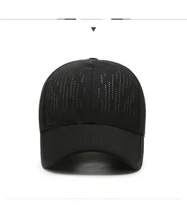 Close-up of black breathable laser-cut holes on quick-dry fabric of the baseball cap