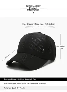 Detailed chart of black quick-dry baseball cap featuring laser-cut ventilation holes