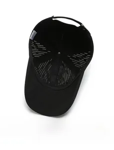 Detail of laser-cut ventilation holes and quick-dry lining inside the black sun hat