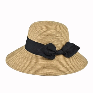 Detailed view of wide brim straw hat featuring fine texture and black ribbon bow