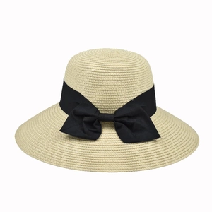 Straw sun hat for women with large brim and black bow ribbon for outdoor UV protection