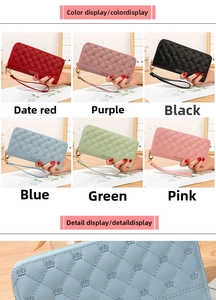 Detail of quilted long wallet with crown embroidery and wristlet in multiple colors