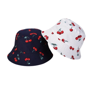 Reversible Cotton Bucket Hat With Cherry Print Breathable Sun Protection Outdoor Travel Casual For Men Women