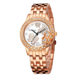 Women Quartz Watch Stainless Steel Strap Butterfly Dial Rhinestone Fashion Elegant Ladies Wristwatch