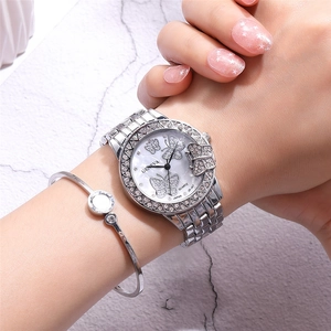 Silver Geneva watch with sparkling butterfly dial and matching minimalist bangle set